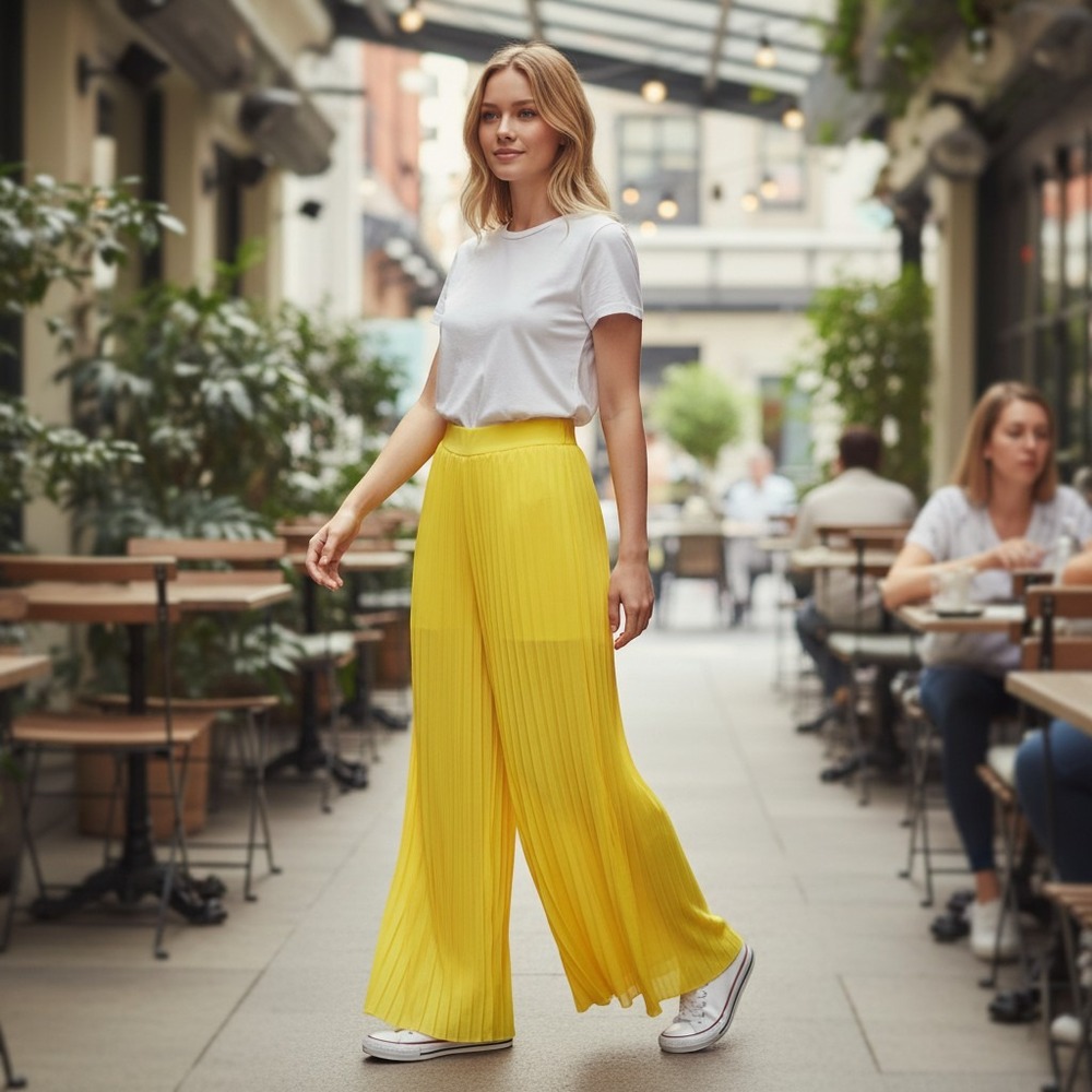 Yellow Pleated Wide Leg Palazzo Pants High Waisted Sheer Accordion Trousers‎ L